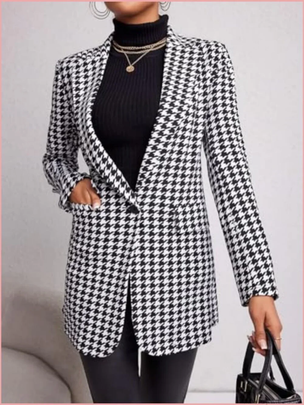 Houndstooth Print Lapel Single Button Blazer Long Sleeve